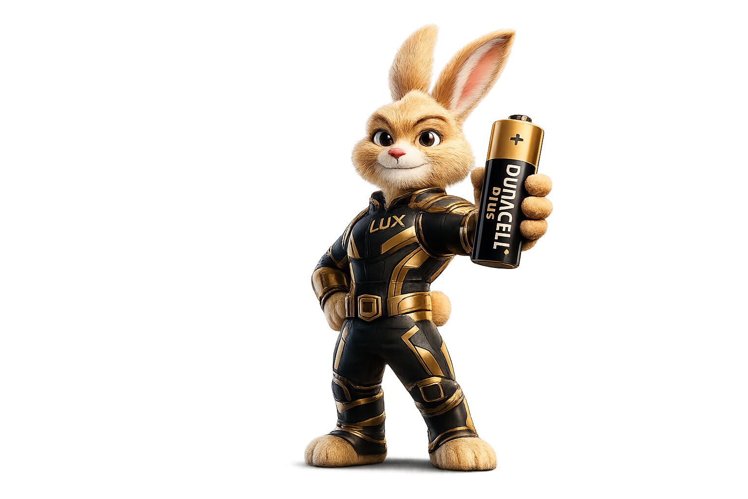 Lux rabbit holding Duracell battery